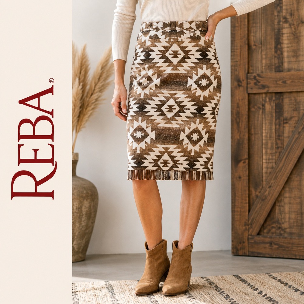 Reba Southwestern Midi Skirt Womens 12 Brown Aztec MFringe Woven Pencil Boho